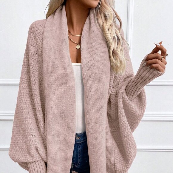 Pink Casual Women's Solid Color Batwing Sleeve Long Sleeve Cardigan - Picture 2 of 6